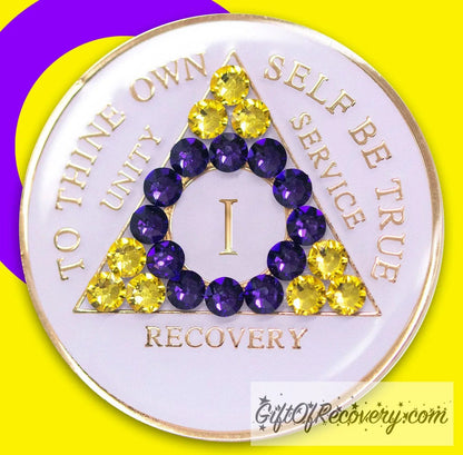 1 year AA medallion pearl white with 21 genuine crystals that form the triangle and are in the color of the intersex flag, colors are yellow and purple, to represent pride and sobriety, the AA slogan and three legacies are embossed with 14k gold-plated brass and sealed with resin for a glossy finish that will last and is scratch proof, pictured on an image of the Intersex flag colors. 