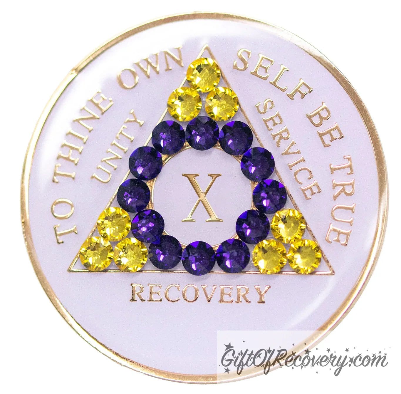 10 year AA medallion pearl white with 21 genuine crystals that form the triangle and are in the color of the intersex flag, colors are yellow and purple, to represent pride and sobriety, the AA slogan and three legacies are embossed with 14k gold-plated brass and sealed with resin for a glossy finish that will last and is scratch proof.