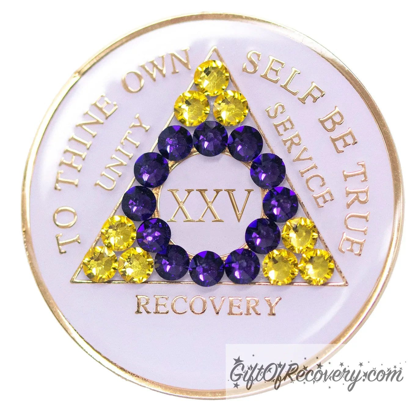 25 year AA medallion pearl white with 21 genuine crystals that form the triangle and are in the color of the intersex flag, colors are yellow and purple, to represent pride and sobriety, the AA slogan and three legacies are embossed with 14k gold-plated brass and sealed with resin for a glossy finish that will last and is scratch proof.