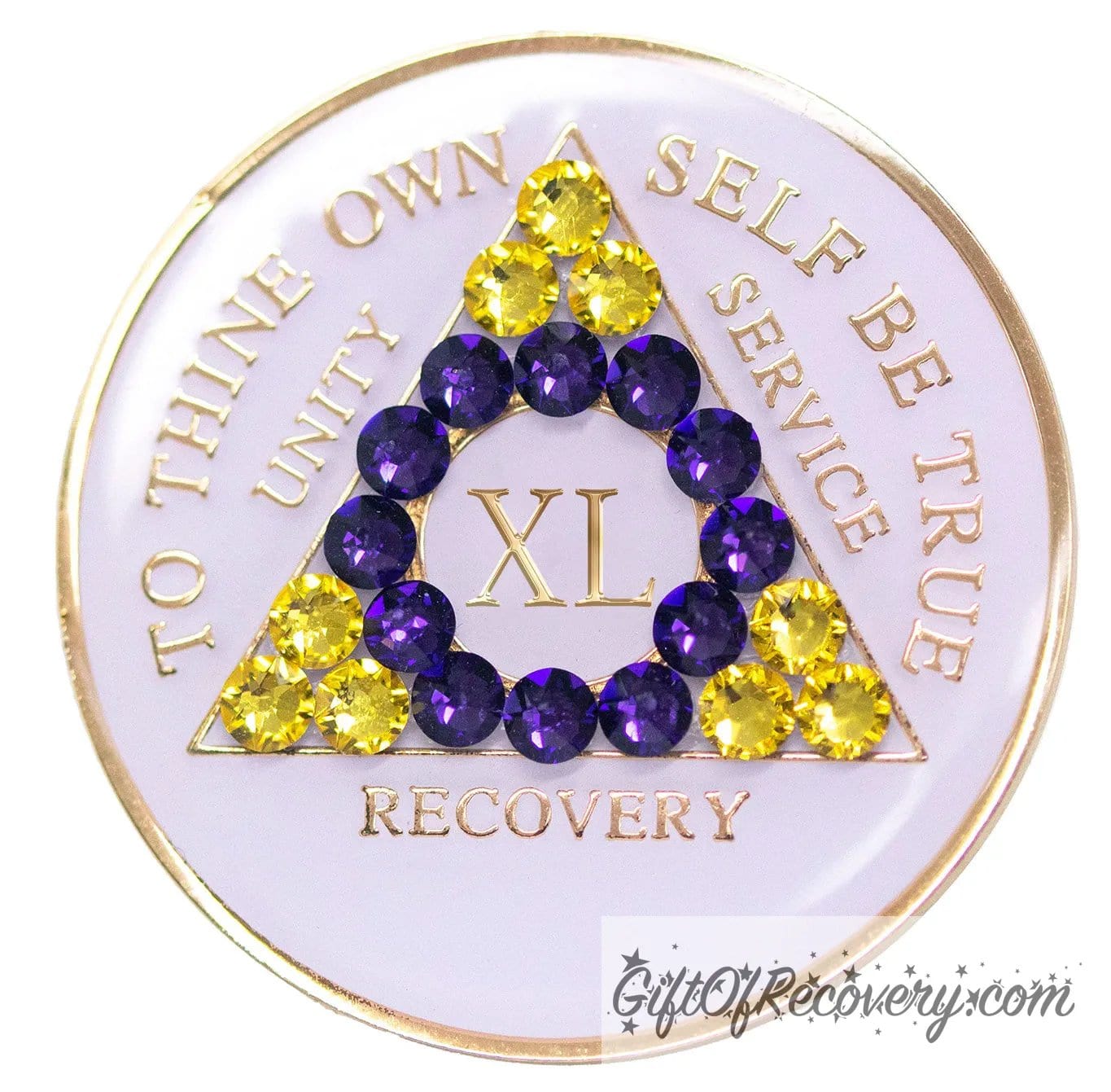 40 year AA medallion pearl white with 21 genuine crystals that form the triangle and are in the color of the intersex flag, colors are yellow and purple, to represent pride and sobriety, the AA slogan and three legacies are embossed with 14k gold-plated brass and sealed with resin for a glossy finish that will last and is scratch proof.