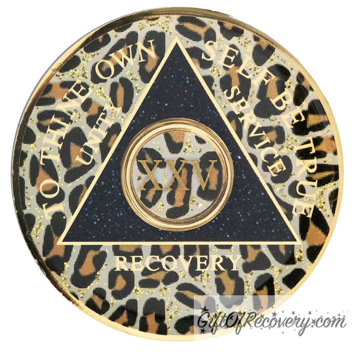 25 year AA medallion leopard print with gold flaked spots, to thine own self be true, unity, service, recovery, and roman numeral are gold foil so you can let your recovery shine, not your time, the circle triangle is embossed with 14k gold-plated brass, the recovery medallion is sealed with resin for a shiny finish.