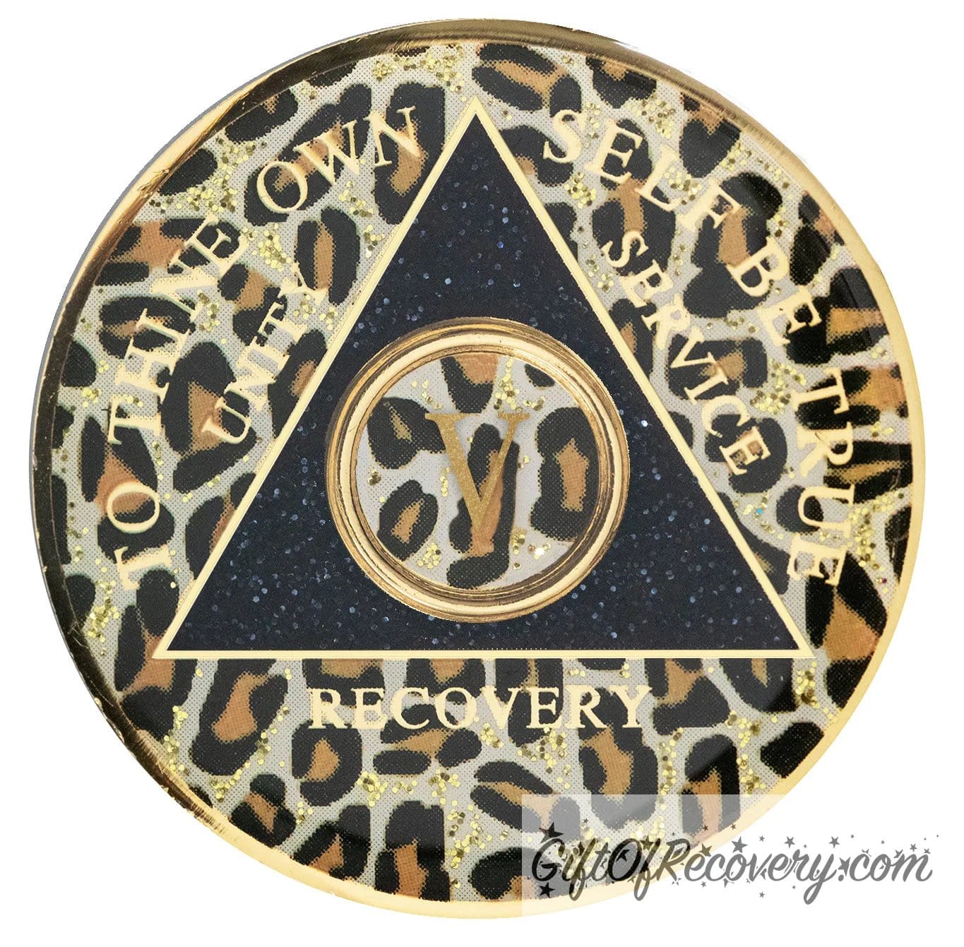 5 year AA medallion leopard print with gold flaked spots, to thine own self be true, unity, service, recovery, and roman numeral are gold foil so you can let your recovery shine, not your time, the circle triangle is embossed with 14k gold-plated brass, the recovery medallion is sealed with resin for a shiny finish.