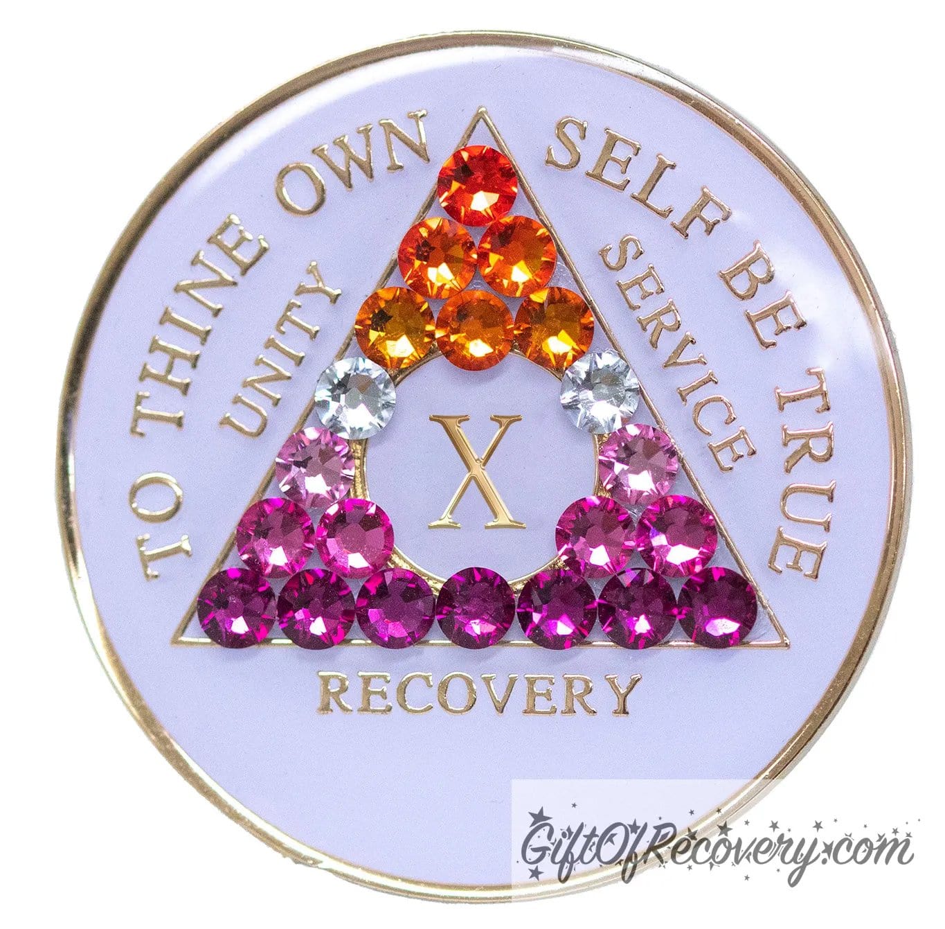 10 year AA medallion pearl white with 21 genuine crystals that form the triangle and are in the color of the Lesbian flag, colors are, to represent pride and sobriety, the AA slogan and three legacies are embossed with 14k gold-plated brass and sealed with resin for a glossy finish that will last and is scratch proof.