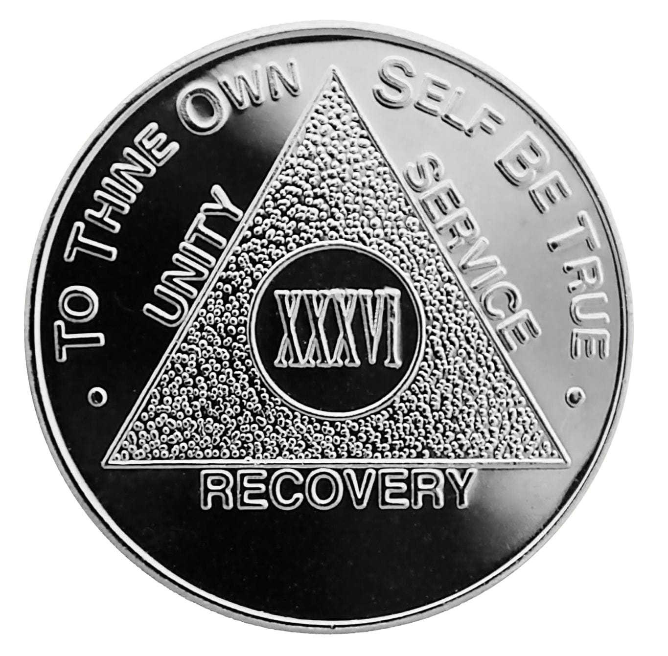 36 year nickel plated AA recovery medallion with the AA slogan and three legacies.