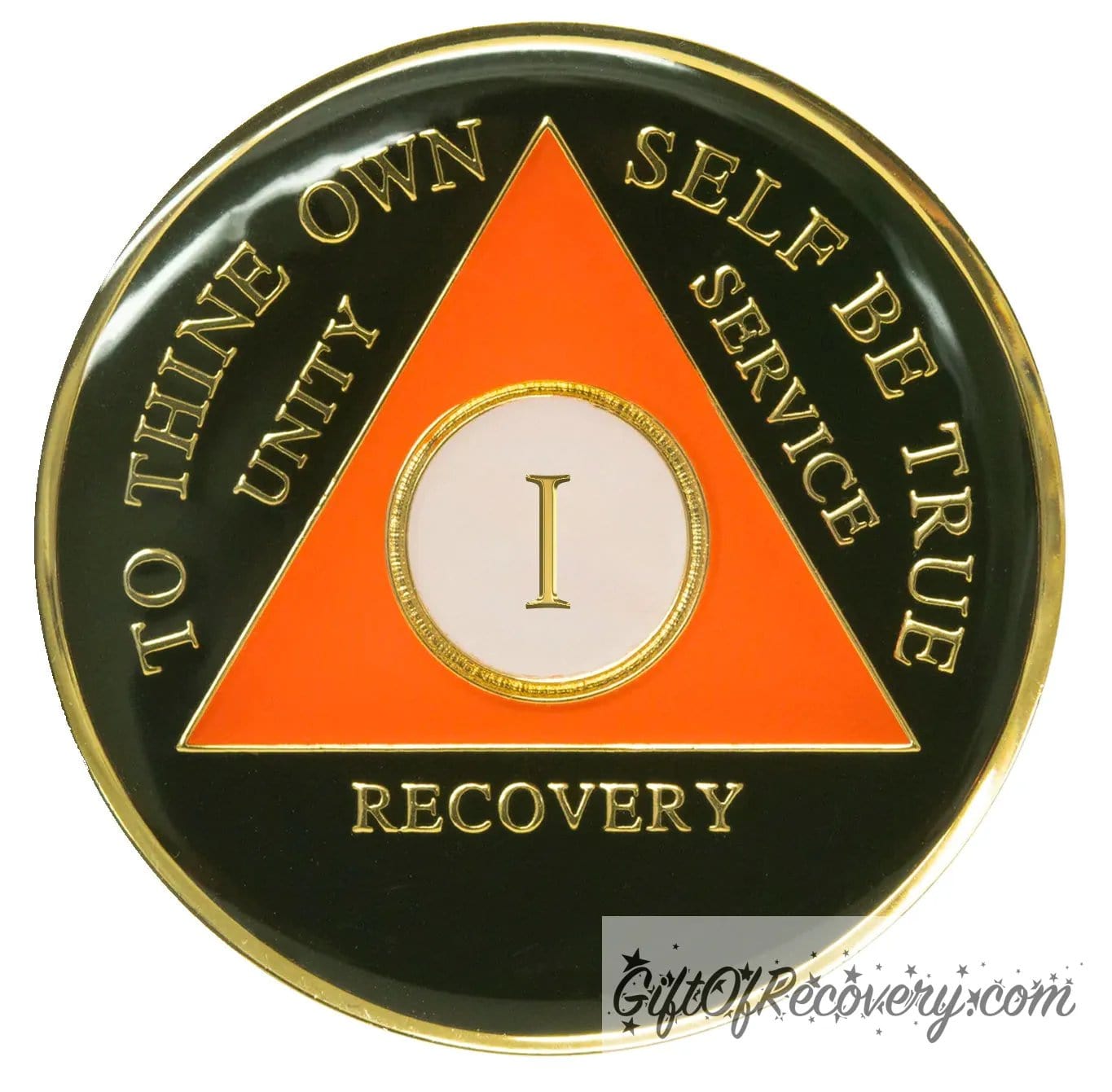 1 year AA medallion black Onyx, triangle is orange, triangle is pearl white, to thine own self be true, unity, service, recovery, and roman numeral are embossed with 14k gold-plated brass, the recovery medallion is sealed with resin for a glossy finish that will last and is scratch free.