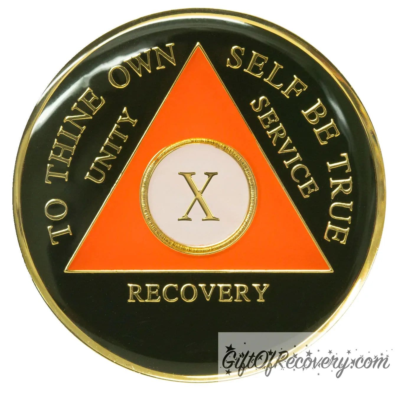 10 year AA medallion black Onyx, triangle is orange, triangle is pearl white, to thine own self be true, unity, service, recovery, and roman numeral are embossed with 14k gold-plated brass, the recovery medallion is sealed with resin for a glossy finish that will last and is scratch free.