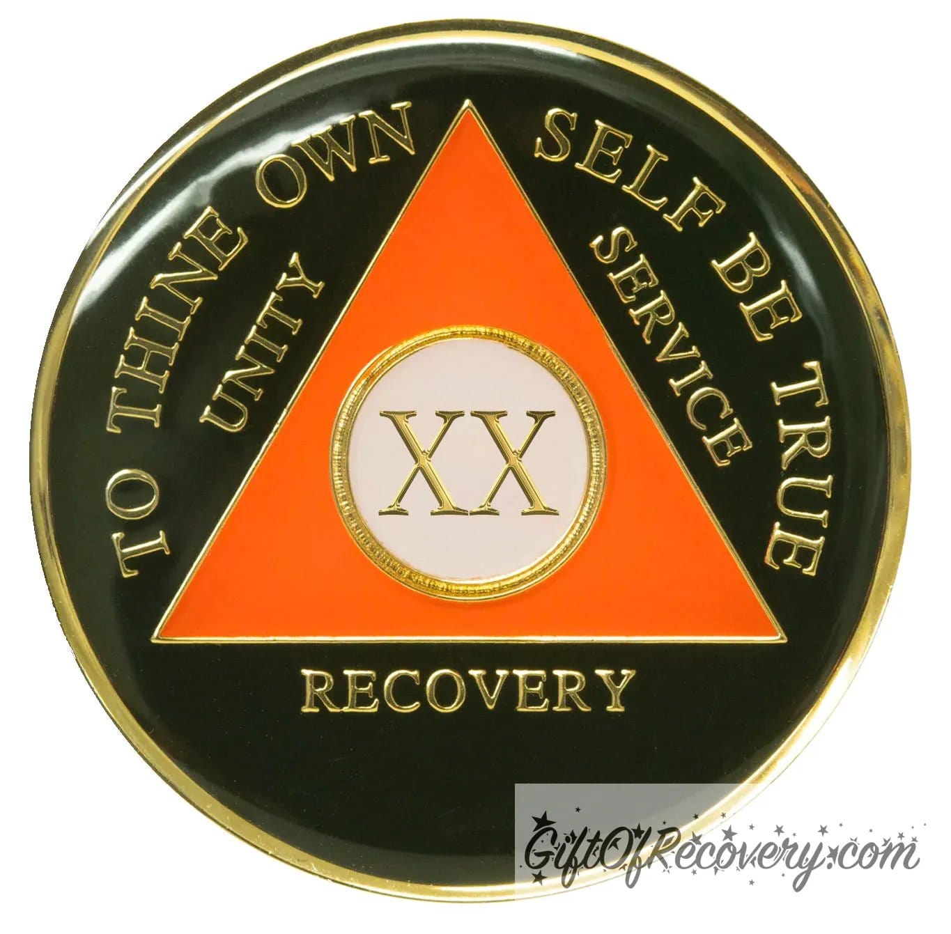 20 year AA medallion black Onyx, triangle is orange, triangle is pearl white, to thine own self be true, unity, service, recovery, and roman numeral are embossed with 14k gold-plated brass, the recovery medallion is sealed with resin for a glossy finish that will last and is scratch free.