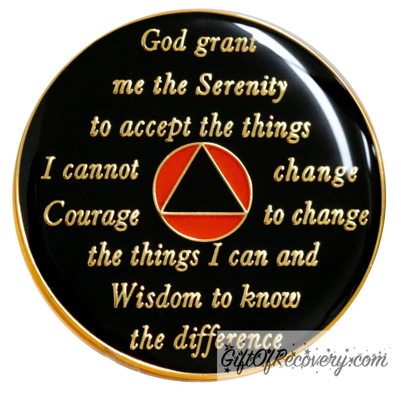 Back of black Onyx, AA recovery medallion is black with the circle orange and triangle black and has the serenity prayer, outer rim, and the circle triangle in the center 14k gold-plated brass, the recovery medallion is sealed with resin for a shiny finish.