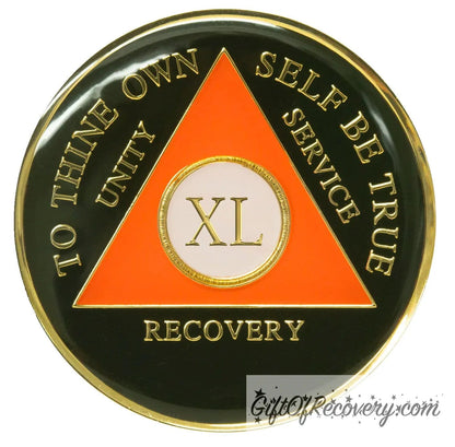 40 year AA medallion black Onyx, triangle is orange, triangle is pearl white, to thine own self be true, unity, service, recovery, and roman numeral are embossed with 14k gold-plated brass, the recovery medallion is sealed with resin for a glossy finish that will last and is scratch free.