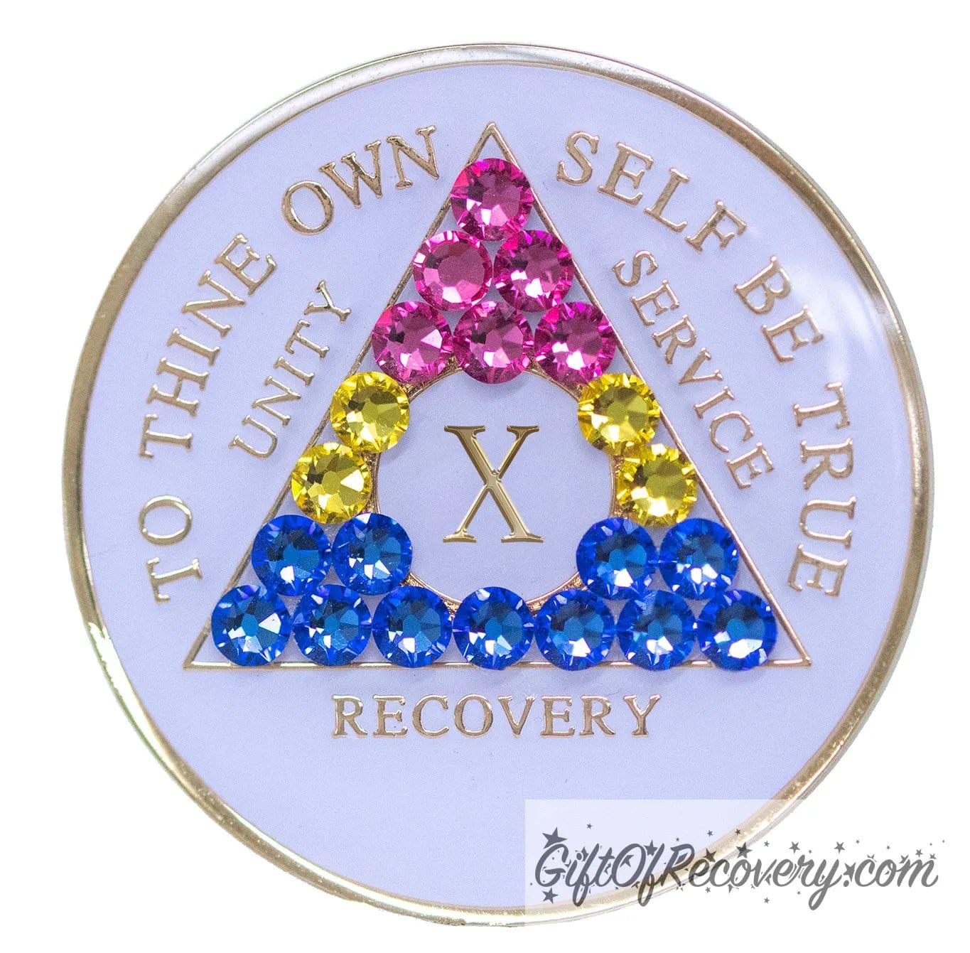 10 year AA medallion pearl white with 21 genuine crystals that form the triangle and are in the color of the Pansexual flag, to represent pride and sobriety, the AA slogan and three legacies are embossed with 14k gold-plated brass and sealed with resin for a glossy finish that will last and is scratch proof.