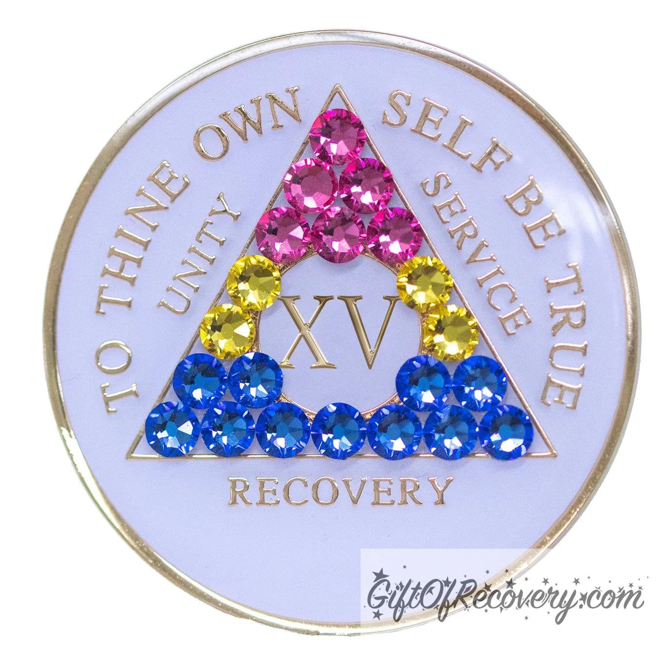 15 year AA medallion pearl white with 21 genuine crystals that form the triangle and are in the color of the Pansexual flag, to represent pride and sobriety, the AA slogan and three legacies are embossed with 14k gold-plated brass and sealed with resin for a glossy finish that will last and is scratch proof.