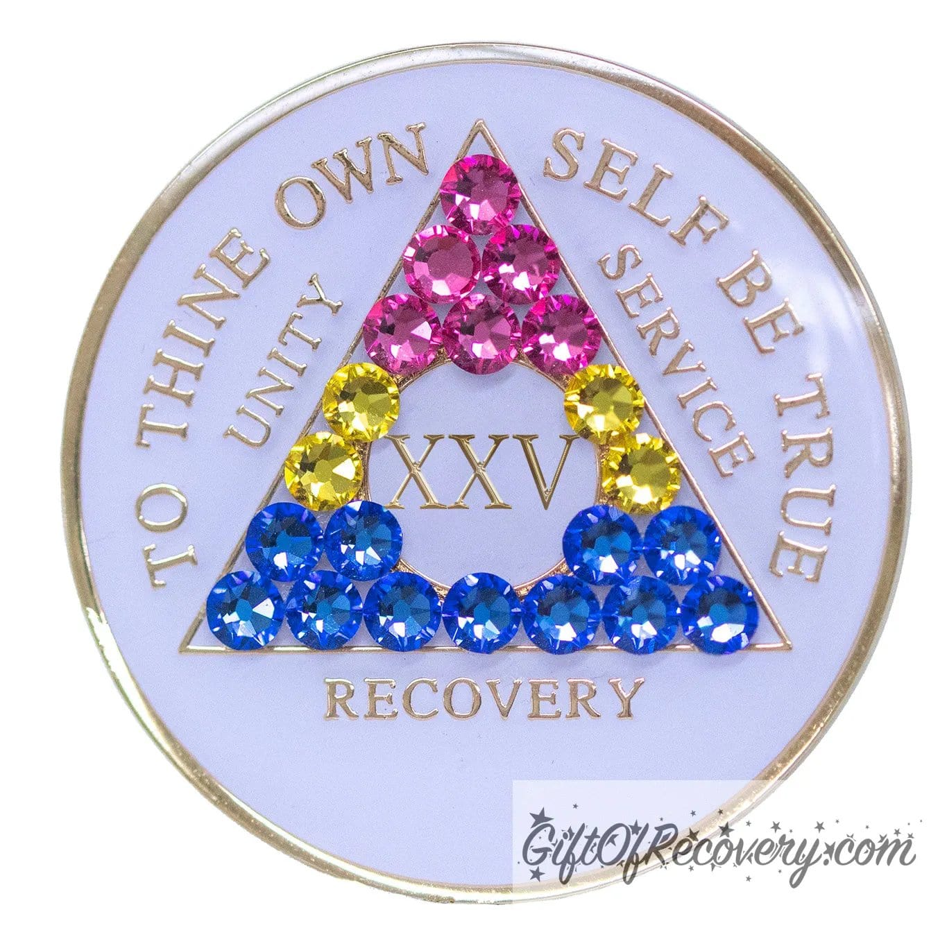 25 year AA medallion pearl white with 21 genuine crystals that form the triangle and are in the color of the Pansexual flag, to represent pride and sobriety, the AA slogan and three legacies are embossed with 14k gold-plated brass and sealed with resin for a glossy finish that will last and is scratch proof.