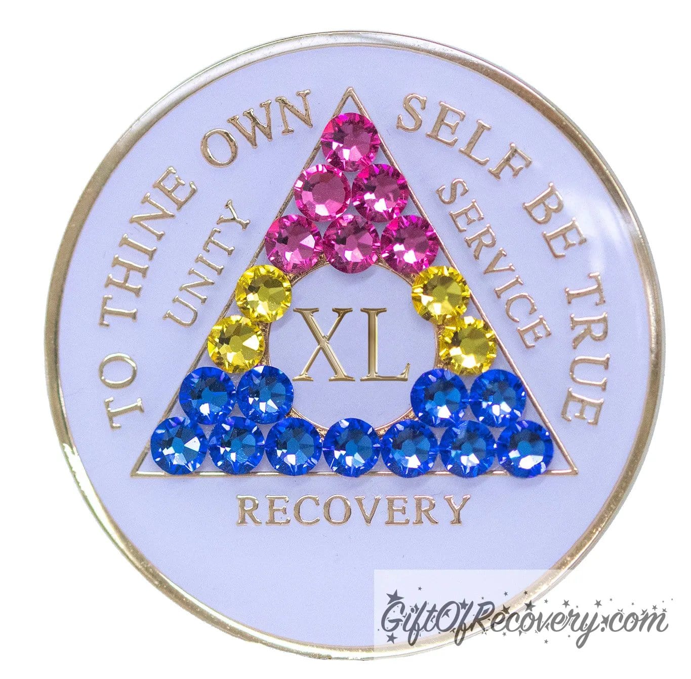 40 year AA medallion pearl white with 21 genuine crystals that form the triangle and are in the color of the Pansexual flag, to represent pride and sobriety, the AA slogan and three legacies are embossed with 14k gold-plated brass and sealed with resin for a glossy finish that will last and is scratch proof.