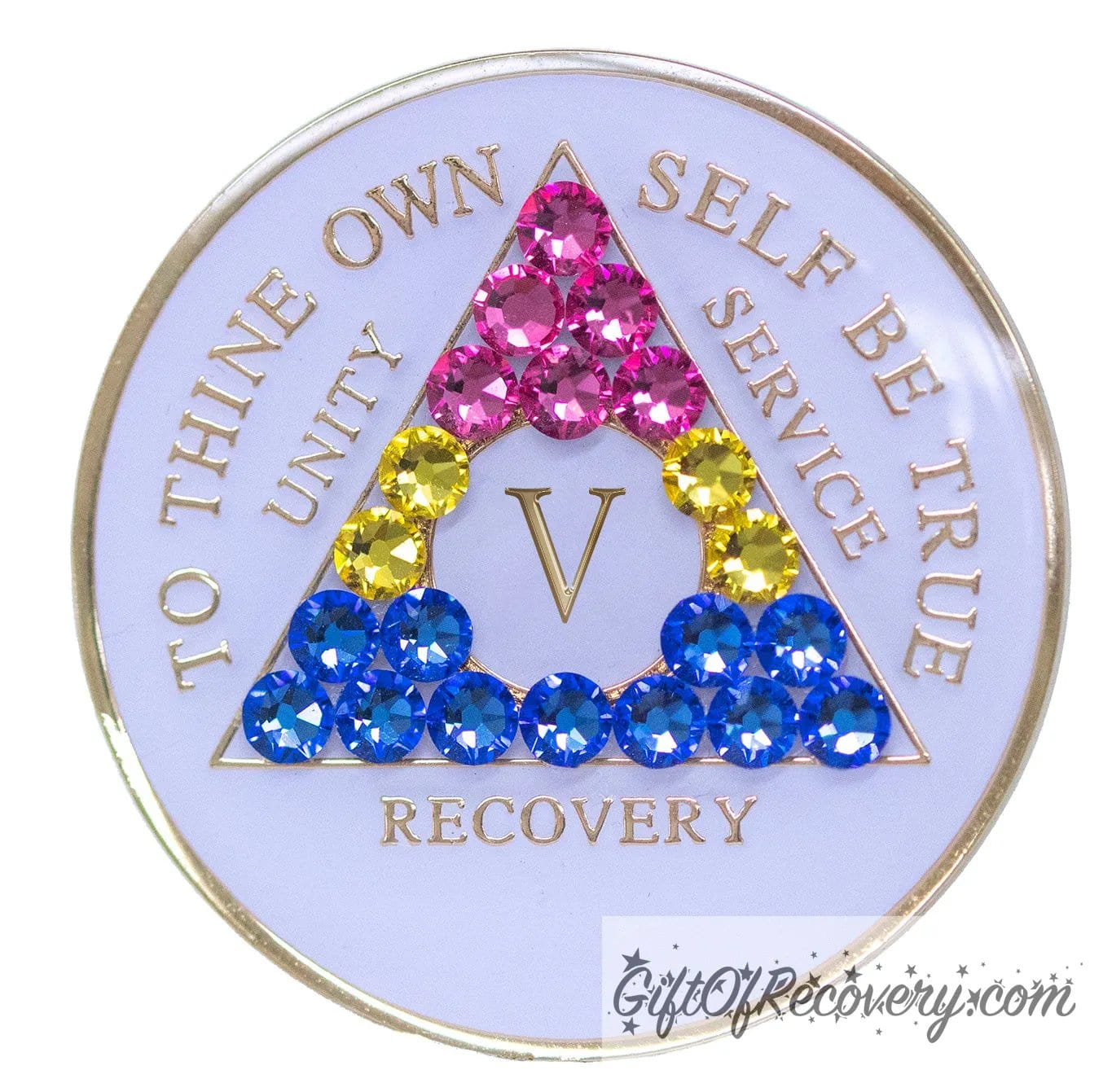 5 year AA medallion pearl white with 21 genuine crystals that form the triangle and are in the color of the Pansexual flag, to represent pride and sobriety, the AA slogan and three legacies are embossed with 14k gold-plated brass and sealed with resin for a glossy finish that will last and is scratch proof.