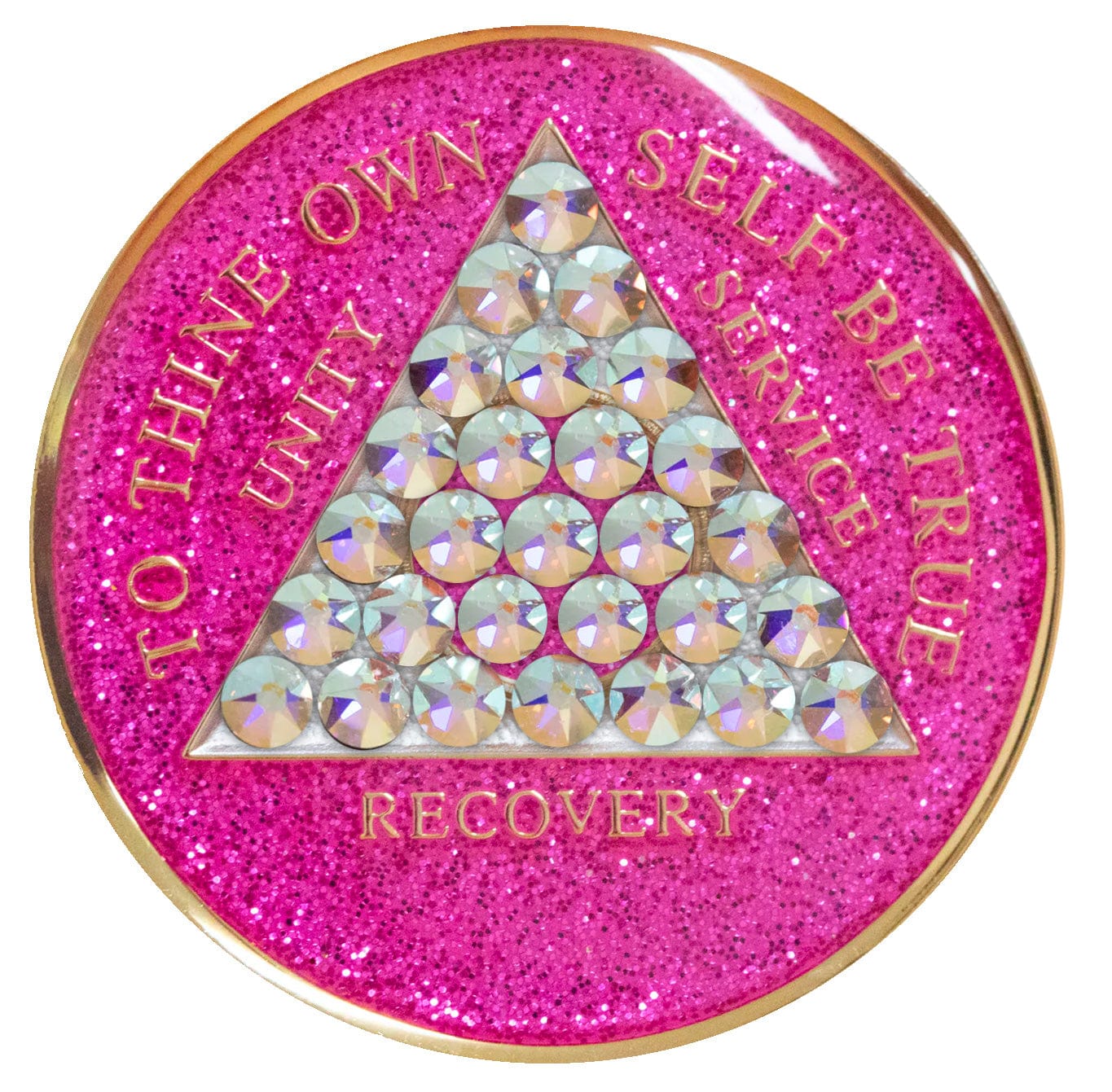 AA medallion princess pink glitter with 28 diamond CZ genuine crystals that form the triangle entirely, this is the timeless medallion, shine on with this beauty, we all have one day at a time, the AA slogan and three legacies are embossed with 14k gold-plated brass and sealed with resin for a glossy finish that will last and is scratch proof.