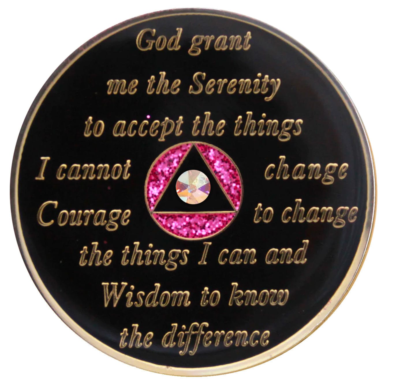 Back of glitter pink timeless CZ crystalized AA timeless recovery medallion is black with the circle glitter pink and triangle black and has the serenity prayer, outer rim, and the circle triangle in the center 14k gold-plated brass, with one single diamond CZ genuine crystal in the center of the triangle, the recovery medallion is sealed with resin for a shiny finish.