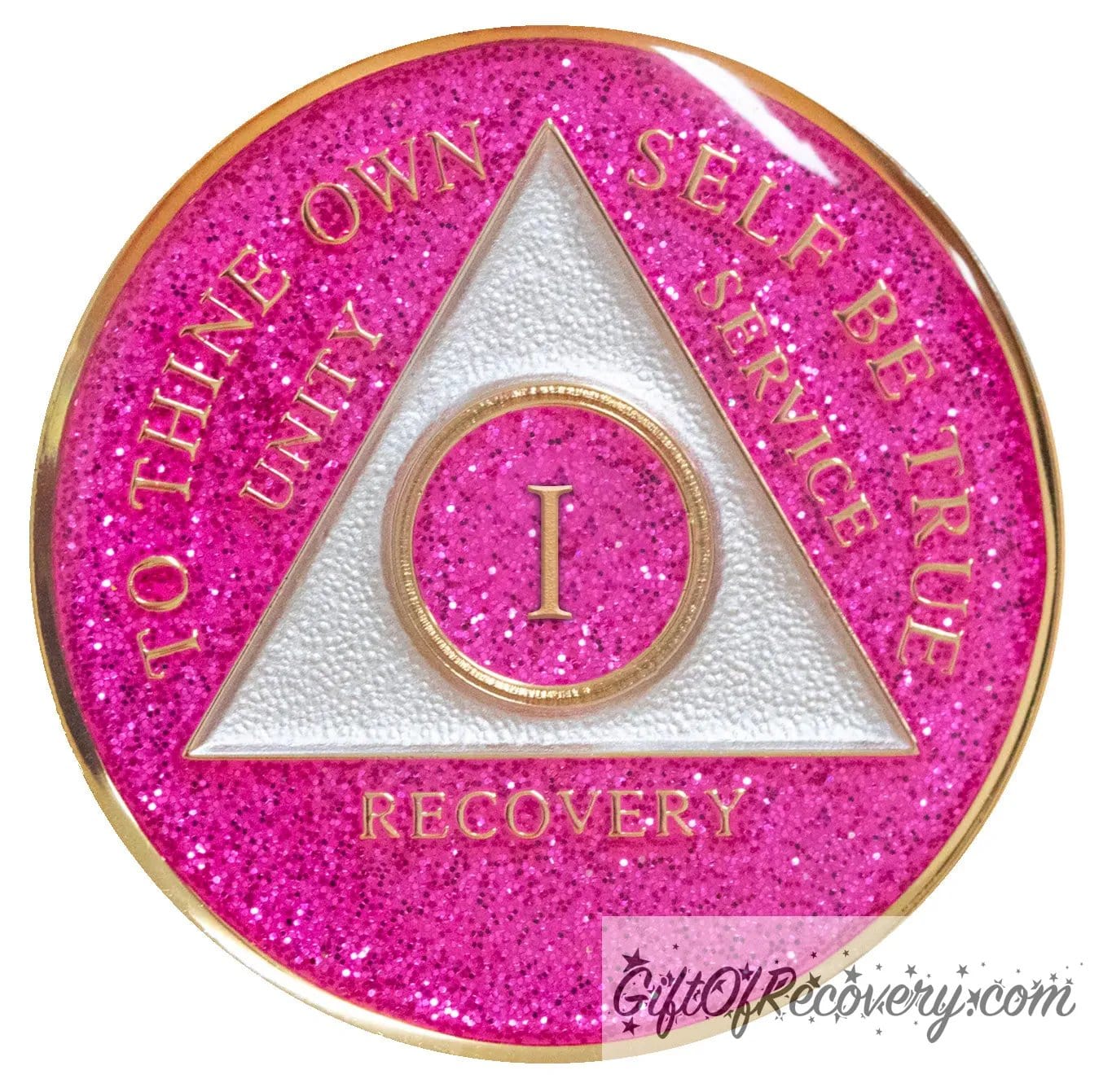 1 year AA medallion Princess pink glitter, the ultimate girl medallion, show off your feminine side, triangle is pearl white, to thine own self be true, unity, service, recovery, and roman numeral are embossed with 14k gold-plated brass, the recovery medallion is sealed with resin for a glossy finish that will last and is scratch free.