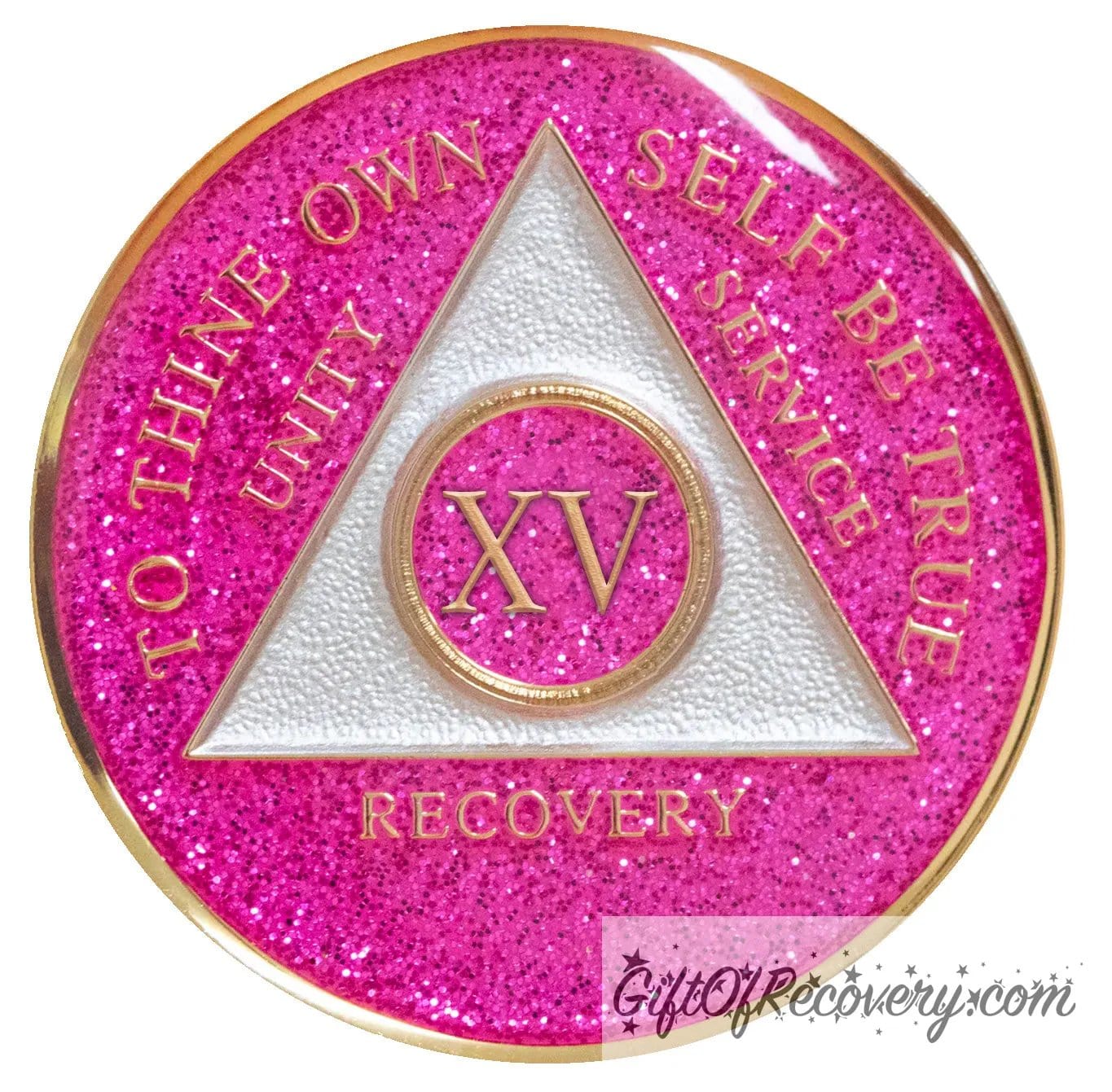 15 year AA medallion Princess pink glitter, the ultimate girl medallion, show off your feminine side, triangle is pearl white, to thine own self be true, unity, service, recovery, and roman numeral are embossed with 14k gold-plated brass, the recovery medallion is sealed with resin for a glossy finish that will last and is scratch free.