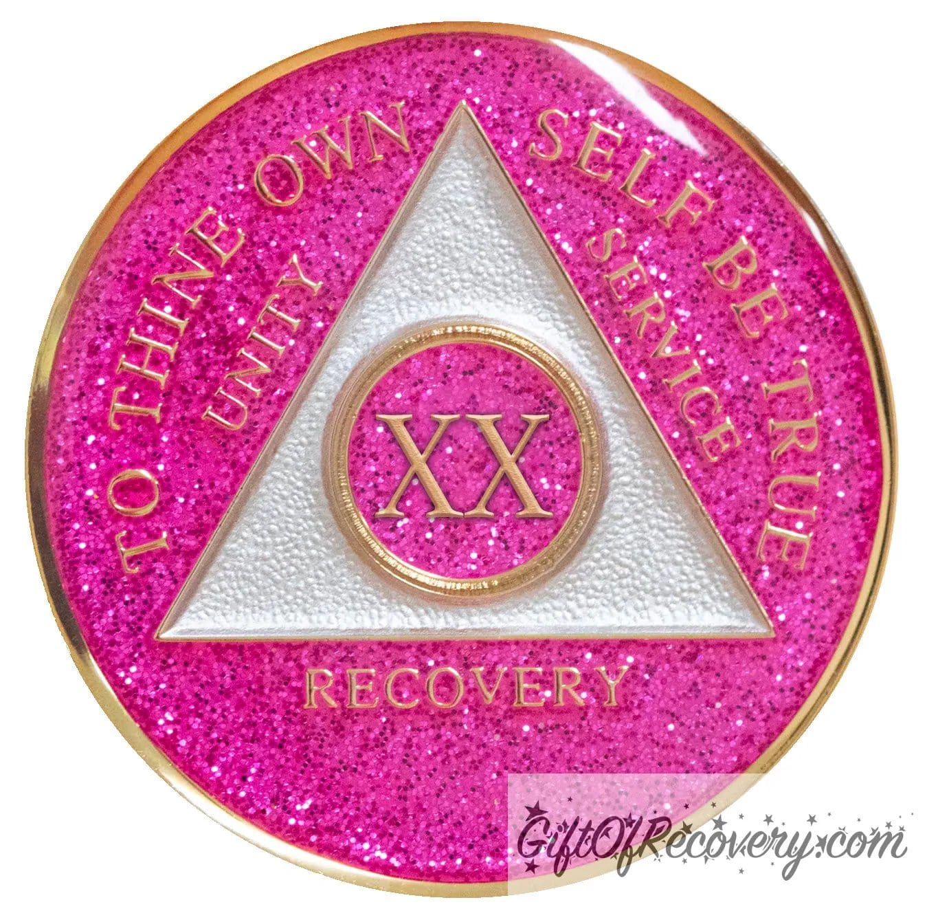 20 year AA medallion Princess pink glitter, the ultimate girl medallion, show off your feminine side, triangle is pearl white, to thine own self be true, unity, service, recovery, and roman numeral are embossed with 14k gold-plated brass, the recovery medallion is sealed with resin for a glossy finish that will last and is scratch free.