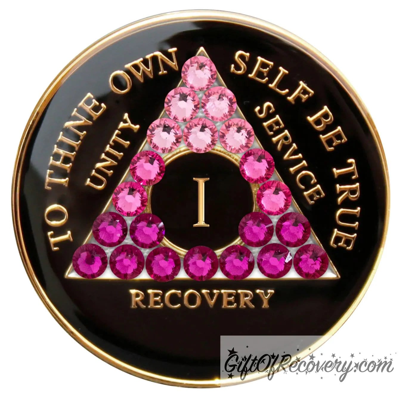 1 year black onyx AA medallion with 21 pink genuine crystals in the shape of the triangle representing transformation and the journey of recovery, the moto of AA is displayed on the front and embossed with 14k gold-plated brass, the recovery medallion is sealed in resin to last and is scratch proof.