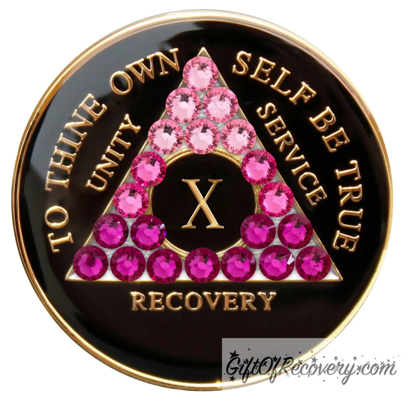 10 year black onyx AA medallion with 21 pink genuine crystals in the shape of the triangle representing transformation and the journey of recovery, the moto of AA is displayed on the front and embossed with 14k gold-plated brass, the recovery medallion is sealed in resin to last and is scratch proof.