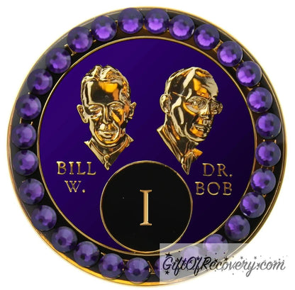 1 year AA Bill & Bob Amethyst purple recovery medallion with 28 genuine purple velvet crystals around the rim, this medallion is to honor our founders and our time, stylized busts of Bill W. and Dr. Bob, with their names, in embossed 14k gold-plated brass, the medallion is sealed with resin for a glossy finish.