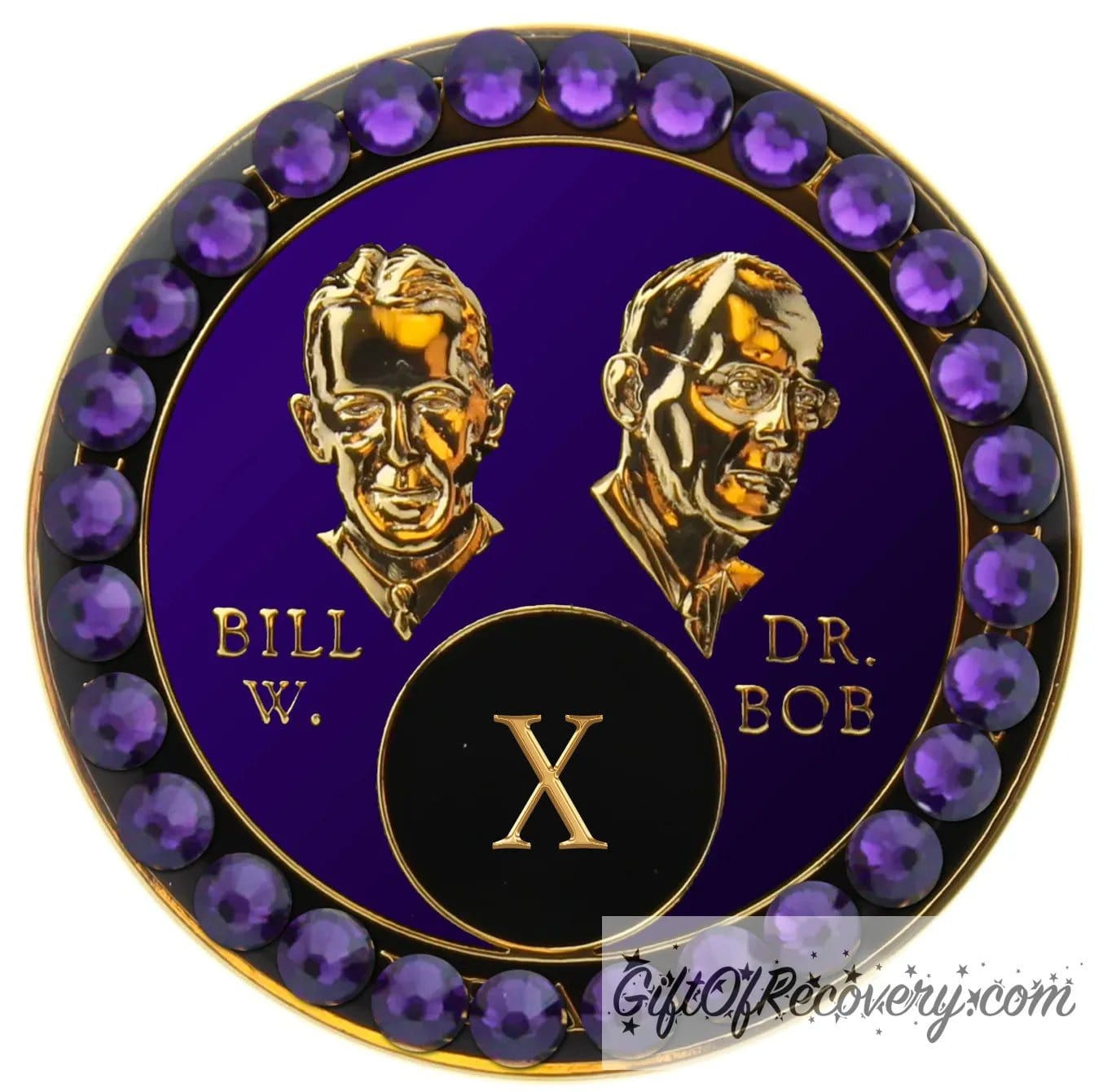 10 year AA Bill & Bob Amethyst purple recovery medallion with 28 genuine purple velvet crystals around the rim, this medallion is to honor our founders and our time, stylized busts of Bill W. and Dr. Bob, with their names, in embossed 14k gold-plated brass, the medallion is sealed with resin for a glossy finish.