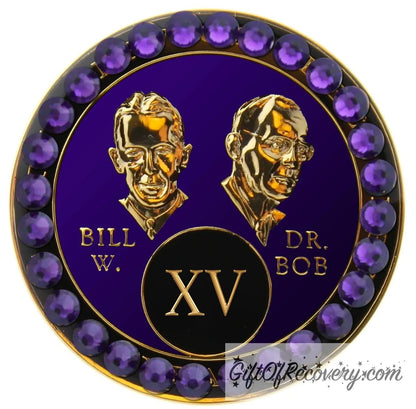 15 year AA Bill & Bob Amethyst purple recovery medallion with 28 genuine purple velvet crystals around the rim, this medallion is to honor our founders and our time, stylized busts of Bill W. and Dr. Bob, with their names, in embossed 14k gold-plated brass, the medallion is sealed with resin for a glossy finish.