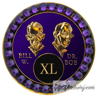 40 year AA Bill & Bob Amethyst purple recovery medallion with 28 genuine purple velvet crystals around the rim, this medallion is to honor our founders and our time, stylized busts of Bill W. and Dr. Bob, with their names, in embossed 14k gold-plated brass, the medallion is sealed with resin for a glossy finish.