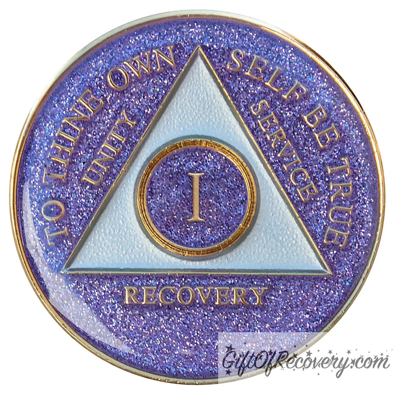 1 year AA medallion Amethyst purple glitter, symbolizing the color of recovery, triangle is pearl white, to thine own self be true, unity, service, recovery, and roman numeral are embossed with 14k gold-plated brass, the recovery medallion is sealed with resin for a glossy finish that will last and is scratch free.