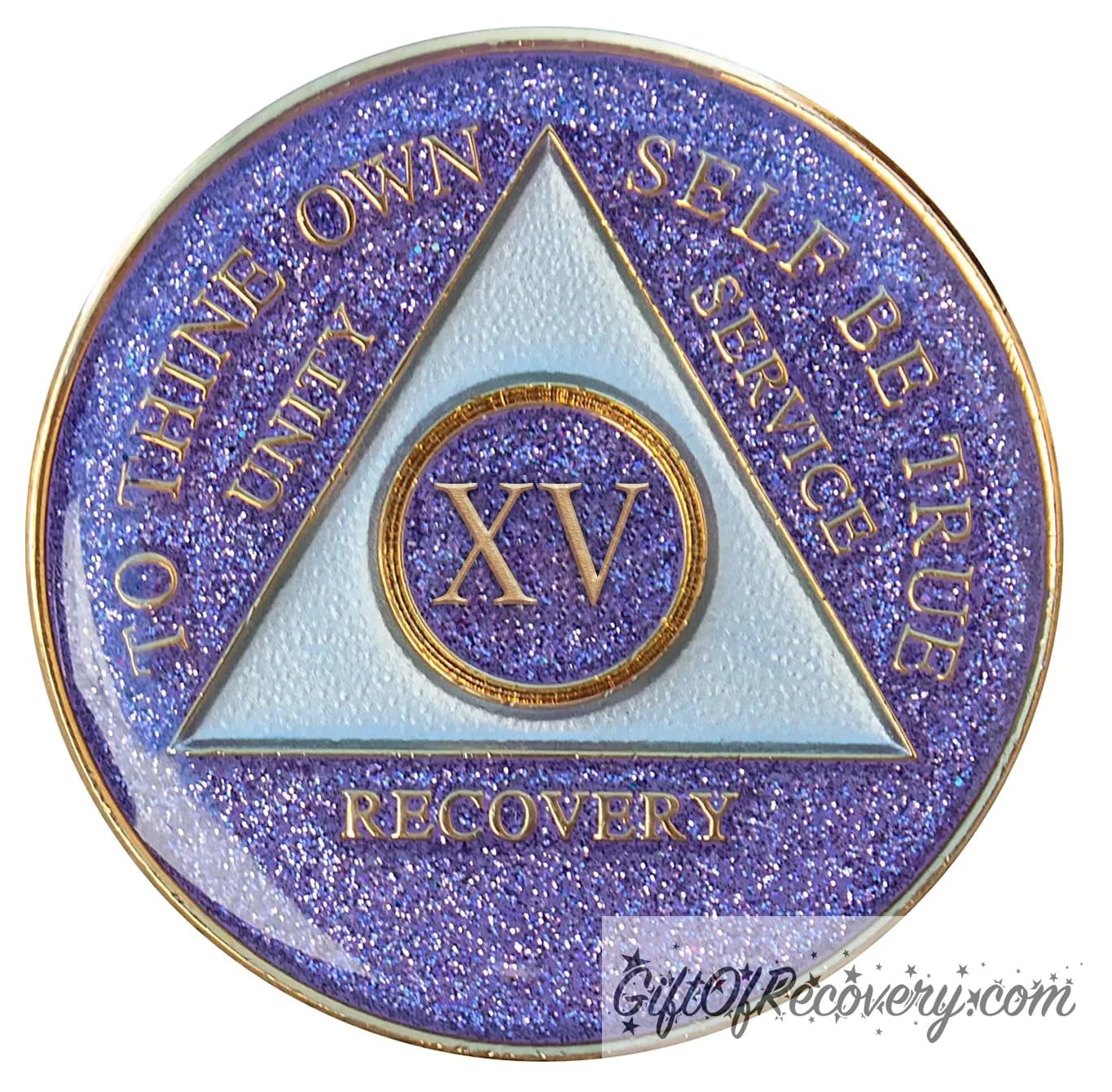 15 year AA medallion Amethyst purple glitter, symbolizing the color of recovery, triangle is pearl white, to thine own self be true, unity, service, recovery, and roman numeral are embossed with 14k gold-plated brass, the recovery medallion is sealed with resin for a glossy finish that will last and is scratch free.