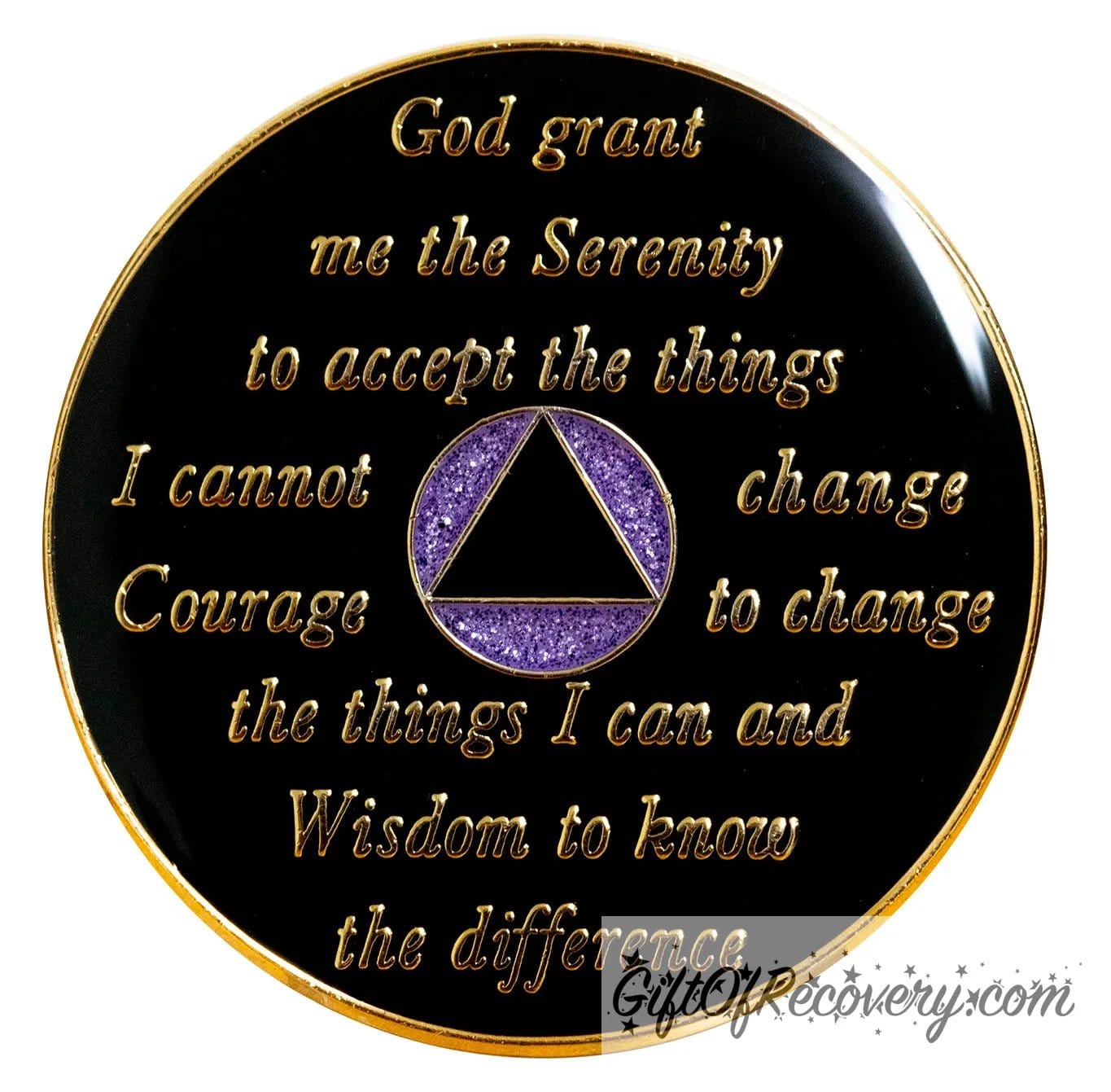 Back of Amethyst Purple glitter AA recovery medallion is black with the circle glitter purple and triangle black and has the serenity prayer, outer rim, and the circle triangle in the center 14k gold-plated brass, the recovery medallion is sealed with resin for a shiny finish.