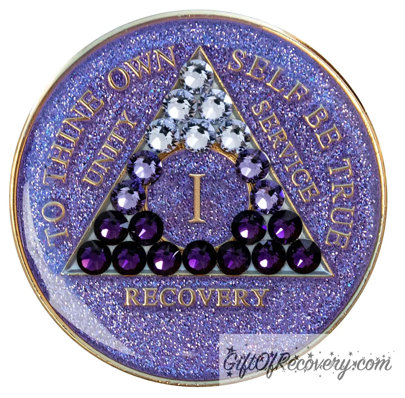 1 year AA medallion purple glitter Amethyst adorned with 21 genuine crystals from dark to light symbolizing growth in recovery, the AA moto is embossed with 14k gold-plated brass and sealed with resin for a glossy finish that will last and is scratch proof.