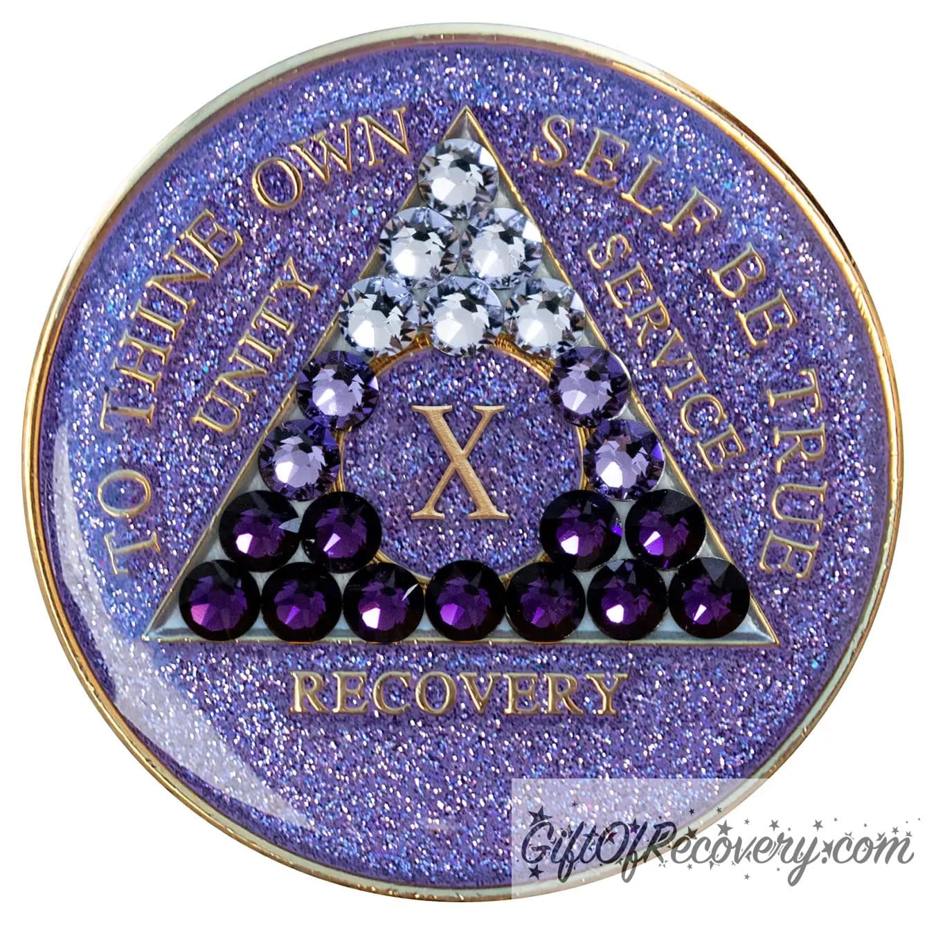 10 year AA medallion purple glitter Amethyst adorned with 21 genuine crystals from dark to light symbolizing growth in recovery, the AA moto is embossed with 14k gold-plated brass and sealed with resin for a glossy finish that will last and is scratch proof.