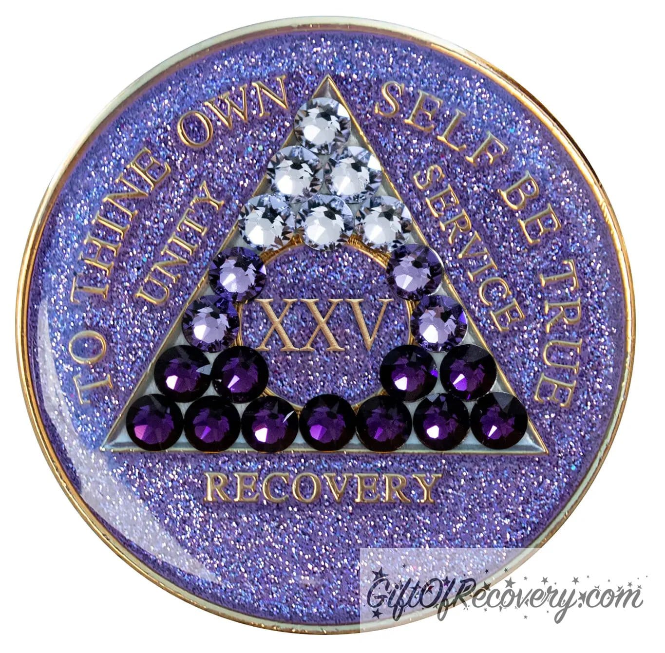 25 year AA medallion purple glitter Amethyst adorned with 21 genuine crystals from dark to light symbolizing growth in recovery, the AA moto is embossed with 14k gold-plated brass and sealed with resin for a glossy finish that will last and is scratch proof.