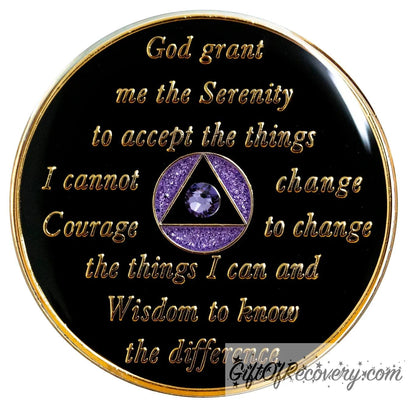 Back of purple glitter Amethyst transition crystalized AA recovery medallion is black onyx and has the serenity prayer, outer rim, and the circle triangle in the center 14k gold-plated brass, the circle is glitter purple and triangle is black with one single purple CZ genuine crystal in the center of the triangle, the recovery medallion is sealed with resin for a shiny finish. 