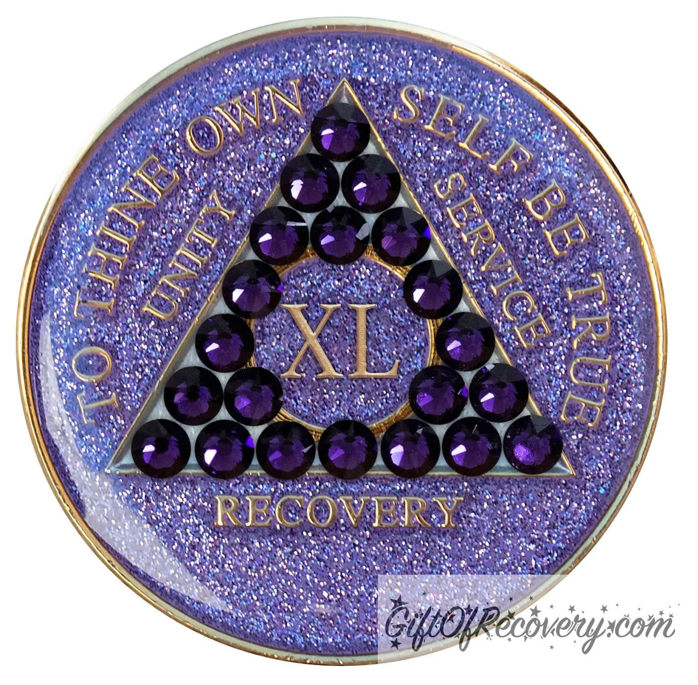 40 year glitter purple AA medallion with 21 purple velvet genuine crystals, that create the triangle in middle, and to thine own self be true, unity, service, recovery, the roman numeral in the center of the circle triangle, along with the rim of the recovery medallion, are embossed in 14 gold plated brass, sealed in resin for glossy finish.