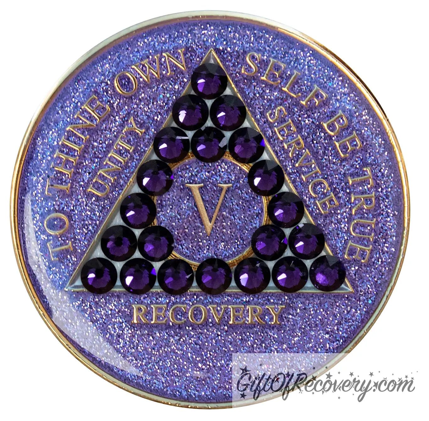 5 year glitter purple AA medallion with 21 purple velvet genuine crystals, that create the triangle in middle, and to thine own self be true, unity, service, recovery, the roman numeral in the center of the circle triangle, along with the rim of the recovery medallion, are embossed in 14 gold plated brass, sealed in resin for glossy finish.