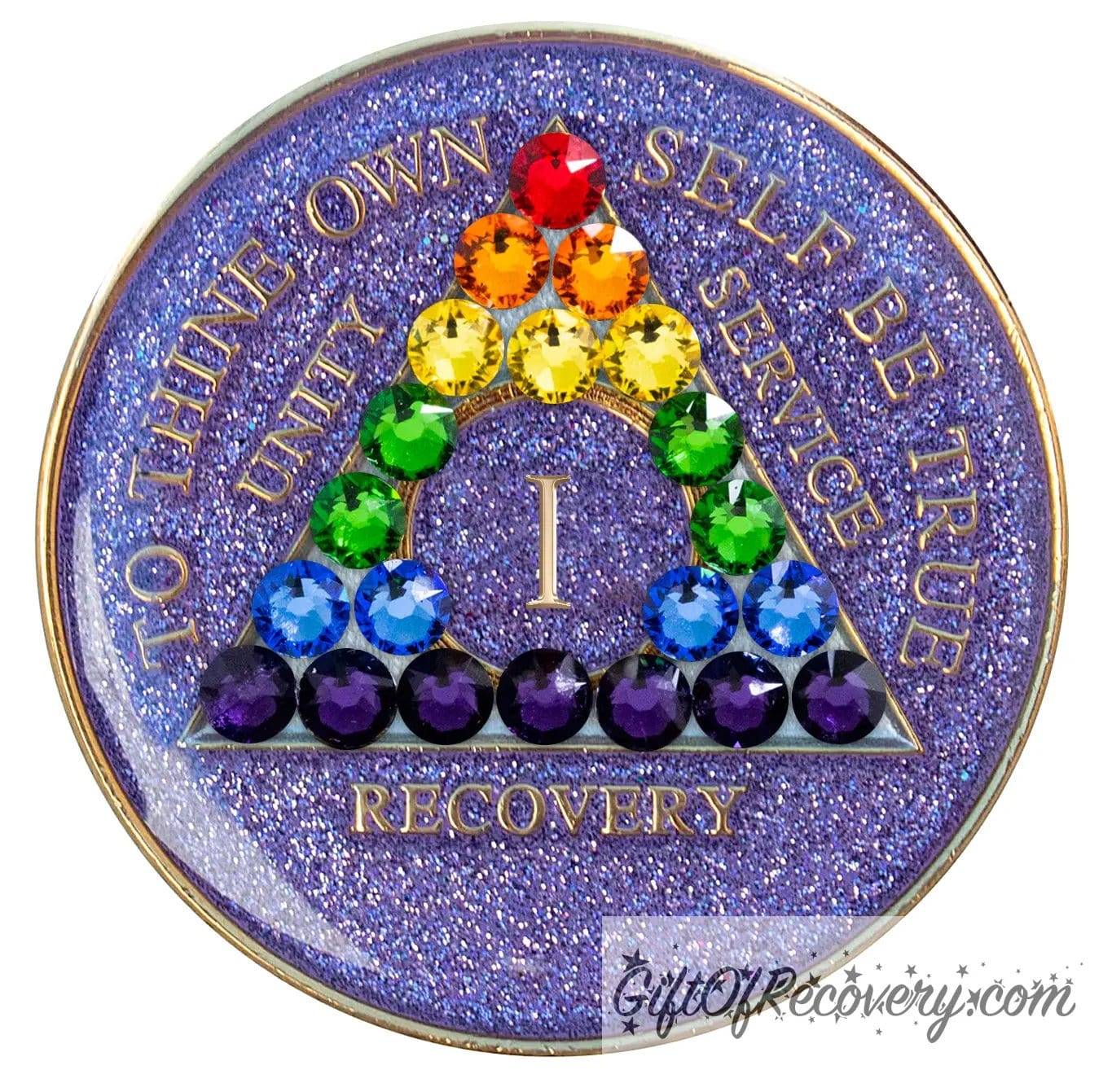 1 year AA medallion Amethyst purple glitter adorned with 21 crystals that represent the rainbow and new beginnings in the recovery journey or the LBGTQIA+ community, show your pride and your time, the AA moto and roman numeral are embossed with 14k gold-plated brass, sealed with resin for a shiny finish that will last and is scratch proof.