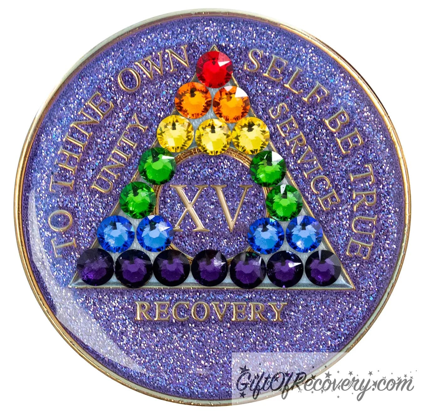 15 year AA medallion Amethyst purple glitter adorned with 21 crystals that represent the rainbow and new beginnings in the recovery journey or the LBGTQIA+ community, show your pride and your time, the AA moto and roman numeral are embossed with 14k gold-plated brass, sealed with resin for a shiny finish that will last and is scratch proof.