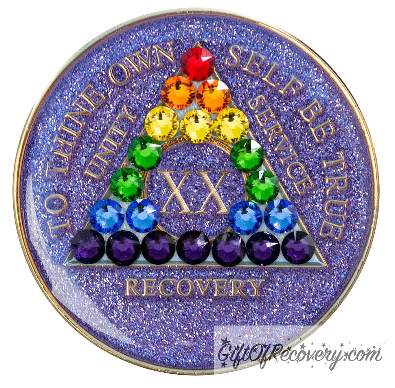 20 year AA medallion Amethyst purple glitter adorned with 21 crystals that represent the rainbow and new beginnings in the recovery journey or the LBGTQIA+ community, show your pride and your time, the AA moto and roman numeral are embossed with 14k gold-plated brass, sealed with resin for a shiny finish that will last and is scratch proof.