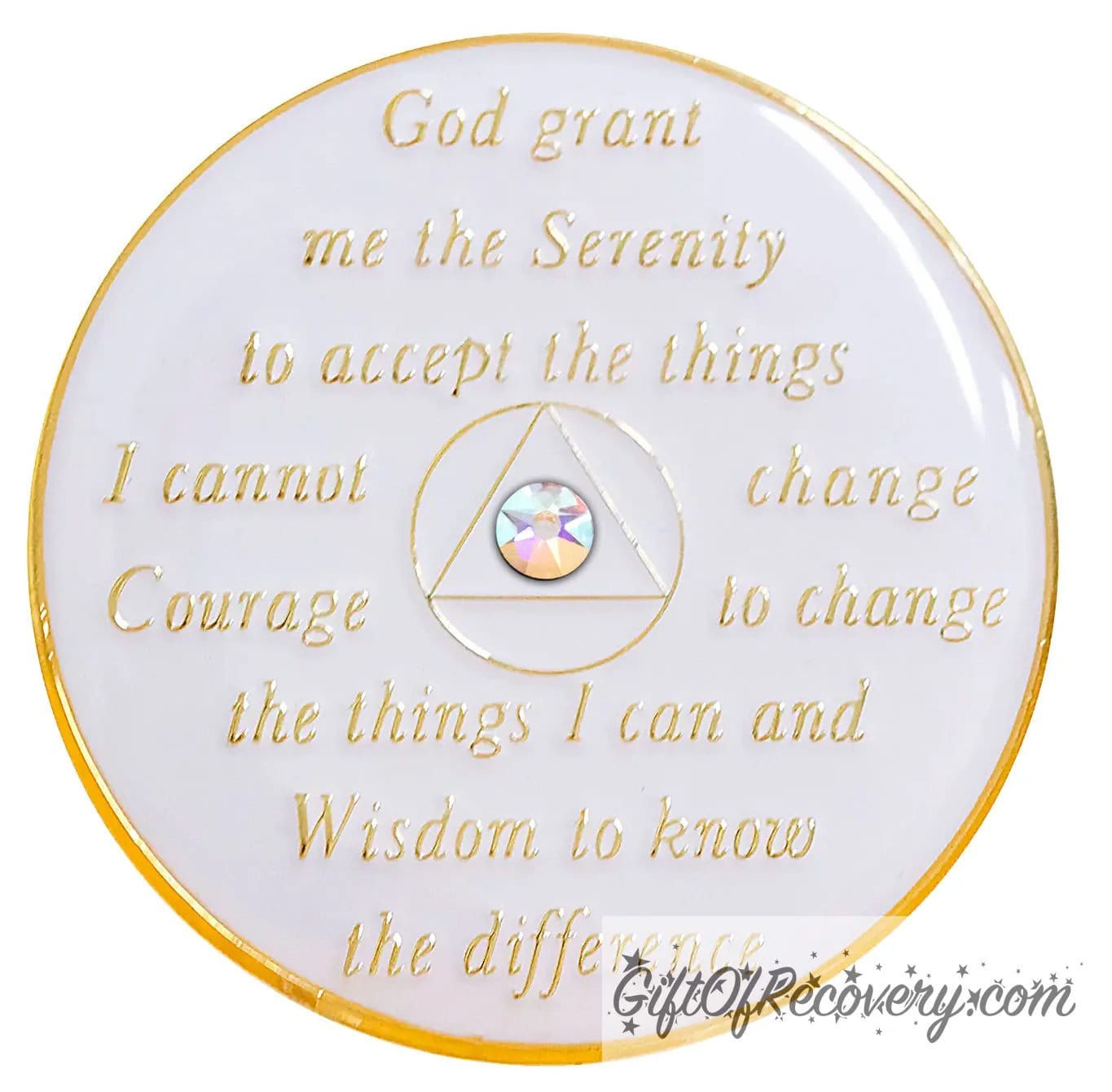 Back of AA medallion Pearl white rainbow, serenity prayer embossed with 14k gold-plated brass, one diamond CZ crystal in the center of triangle, sealed with resin for a glossy finish. 