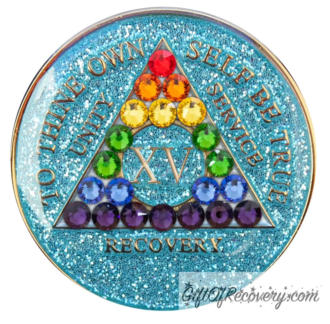 15 year deep sea aqua glitter AA medallion adorned with 21 genuine crystals representing the rainbow in the shape of the triangle to support renewal and growth on the journey of recovery, and also to support the LBGTQIA+ community, stand proud at all times the AA moto is embossed with 14k gold-plated brass and sealed with resin for a glossy finish that is scratch proof and will last.