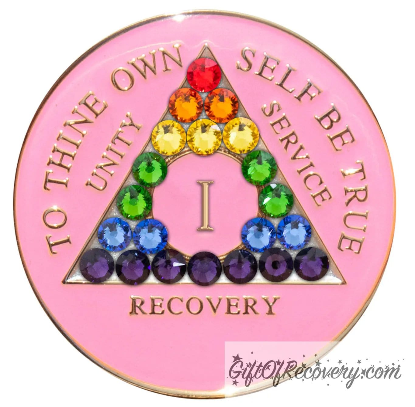 1 year AA medallion princess pink with 21 genuine crystals that form a rainbow in the shape of the triangle, to represent change through working the program, and the LBGTQIA+ community, take pride in your recovery and yourself, the AA slogan and three legacies are embossed with 14k gold-plated brass, sealed with resin for a shiny finish that will last.