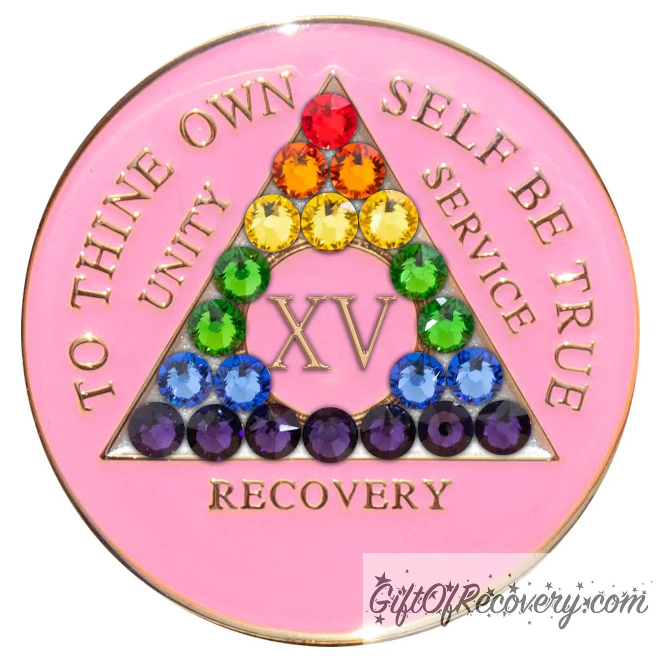 15 year AA medallion princess pink with 21 genuine crystals that form a rainbow in the shape of the triangle, to represent change through working the program, and the LBGTQIA+ community, take pride in your recovery and yourself, the AA slogan and three legacies are embossed with 14k gold-plated brass, sealed with resin for a shiny finish that will last.