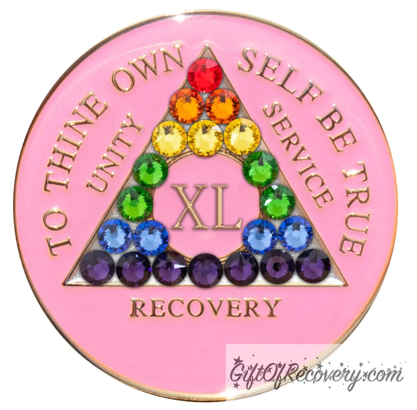 40 year AA medallion princess pink with 21 genuine crystals that form a rainbow in the shape of the triangle, to represent change through working the program, and the LBGTQIA+ community, take pride in your recovery and yourself, the AA slogan and three legacies are embossed with 14k gold-plated brass, sealed with resin for a shiny finish that will last.