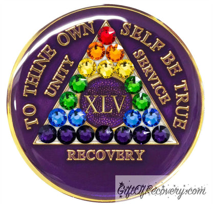 45 year AA medallion Amethyst purple, with rainbow genuine crystals as the triangle to represent the LBGTQIA+ community, show your pride, to also represent new beginnings and a love for rainbows, to thine own self be true and other AA moto is embossed 14k gold-plated brass, sealed with resin for a glossy finish that will last and is scratch proof.