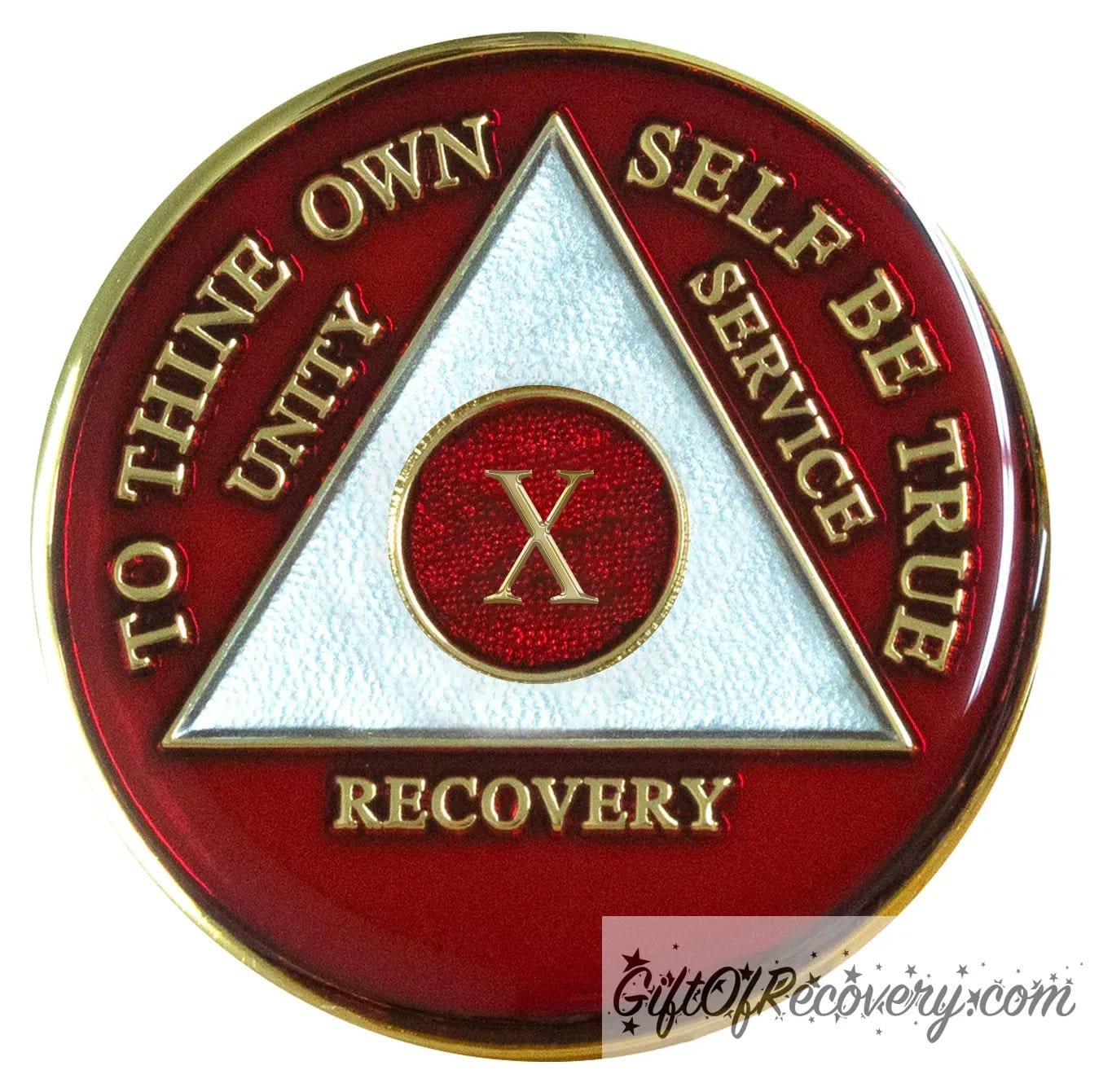 10 year AA medallion Ruby red, this vibrant color is to ignite the fire in your recovery and keep it lit, triangle is pearl white, to thine own self be true, unity, service, recovery, and roman numeral are embossed with 14k gold-plated brass, the recovery medallion is sealed with resin for a glossy finish that will last and is scratch free.