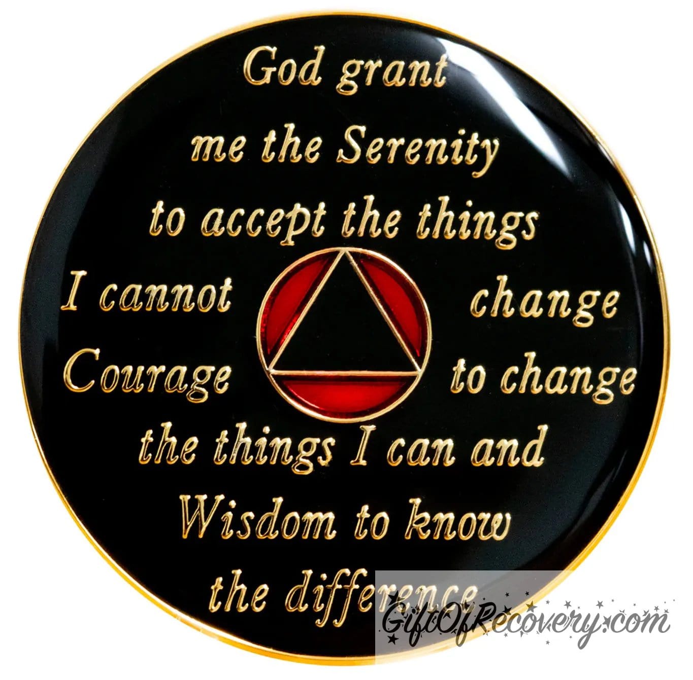 Back of Ruby red AA recovery medallion is black with the circle is red and triangle black and has the serenity prayer, outer rim, and the circle triangle in the center 14k gold-plated brass, the recovery medallion is sealed with resin for a shiny finish.