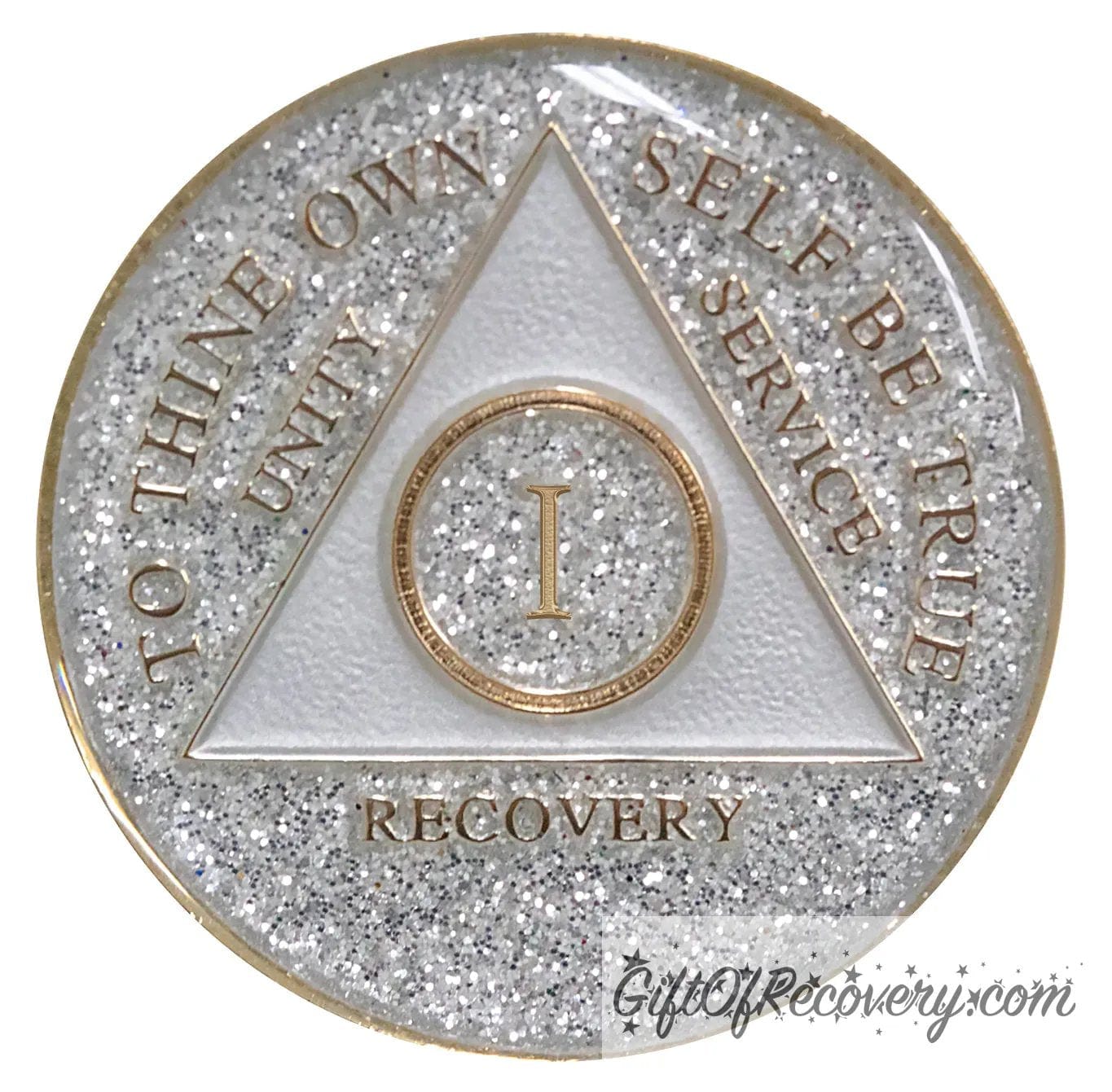 1 year AA medallion Glitter silver, always shine on in sobriety, triangle is pearl white, to thine own self be true, unity, service, recovery, and roman numeral are embossed with 14k gold-plated brass, the recovery medallion is sealed with resin for a glossy finish that will last and is scratch free.